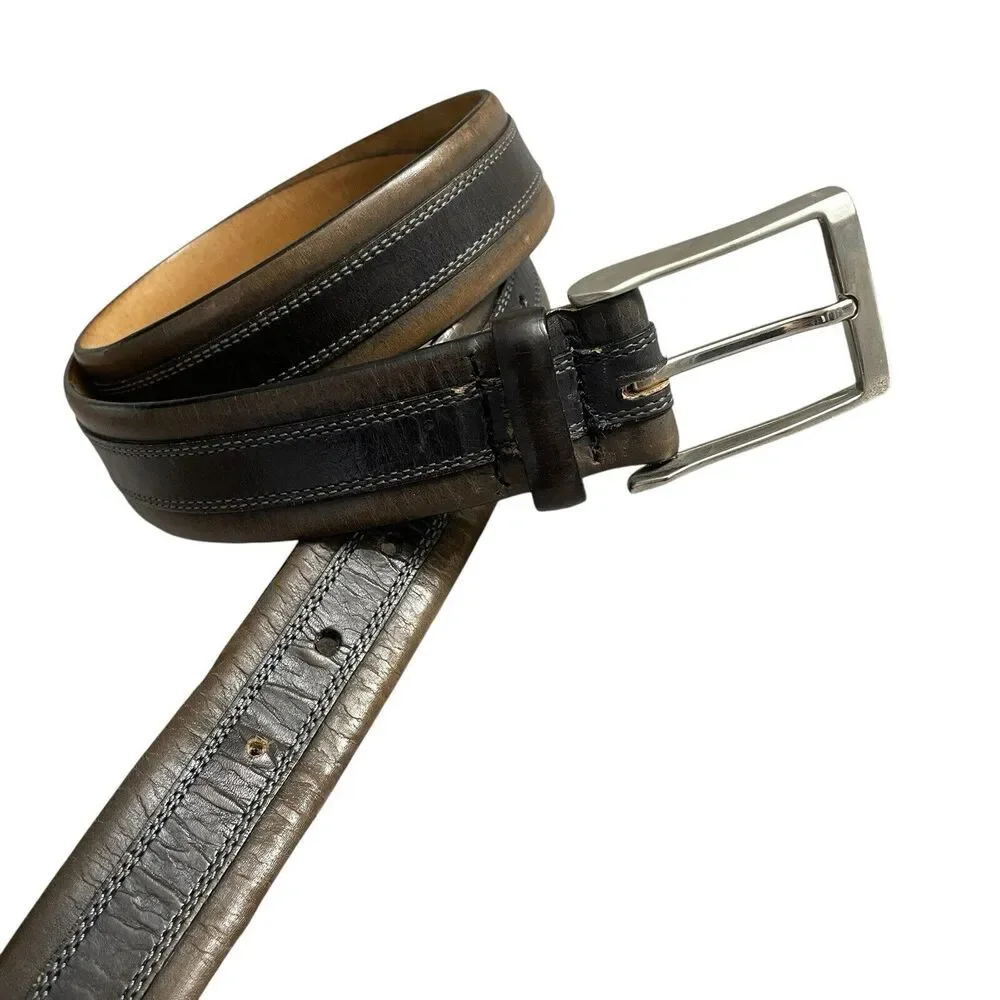 Mezlan Brown Leather Belt 40 Mens Dress Silver Buckle Gray Stitched Spain 1.5in